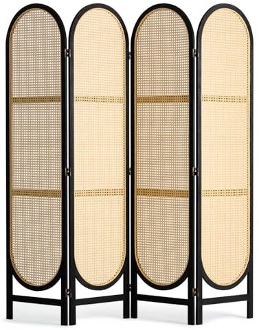 VEVOR Cloison de Séparation à 4 Panneaux, Séparateur de Pièce Pliable en Bois et Rotin Tissé à la Main avec Charnières, Paravent de Confidentialité Portable, pour Séparation de Pièce, Maison, Bureau