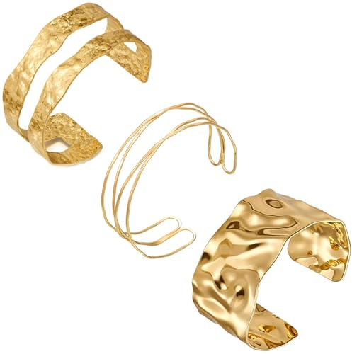 agogue 3 Stück Armreifen Gold Damen, Oberarmreif Gold Modeschmuck, Armreif Minimalistischer Armband Set, Vintage Adjustable Goldene Armreifen für Damen