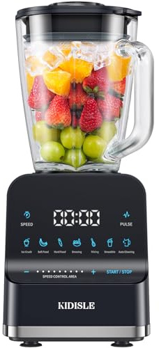 KIDISLE 1200W Professional Smoothie Blender for Shakes, 52oz Glass Jar, Ice Crush, Puree, 9-Speed Touchscreen with Pulse & 7 Functions, Black