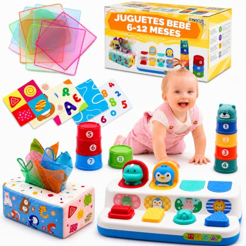 Juguetes sensoriales bebé 6-12 Meses educativos – Set de estimulación temprana con guía Paso a Paso para Padres | Cubos apilables, Pop-up Causa-Efecto y Caja sensorial | Regalo Montessori bebé 1 año