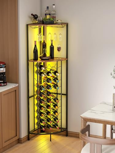 Qriocioa - Corner wine rack with LED light strip, freestanding floor with wine glass holder and 30 wine bottle holders, industrial corner bar, wine cabinet for the