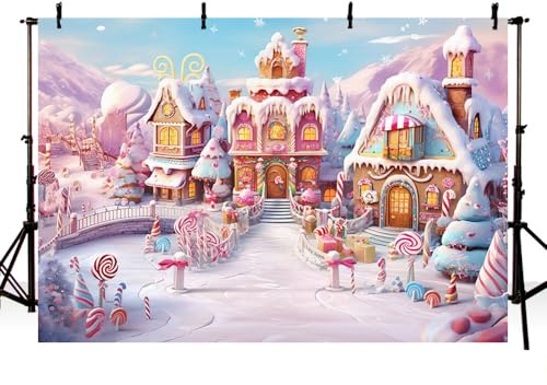 MEHOFOND Toile de fond hivernale de 3x2,1m pour photographie de Noël, pain d'épices, maison en bonbons rose, fond pour anniversaire de fille, décoration de fête familiale, bannière, fournitures de