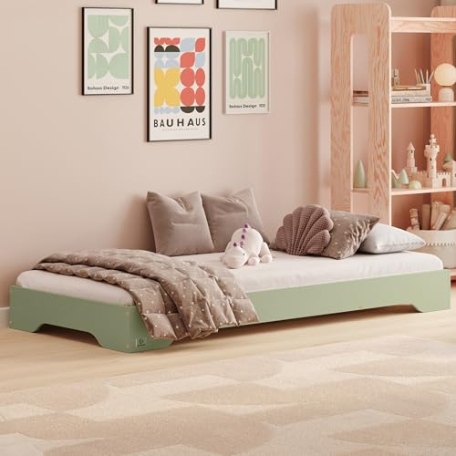 smartwood Barnsäng 80x180 Grön - Golvsäng i furu med FSC-certifierat trä - Montessorisäng med böjd ribbotten upp till 230 kg för pojkar och flickor - Enkel montering - TILA 7