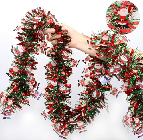 LATERN 10M Guirnalda Navideña de Oropel con Papá Noel, Rojo Verde Espumillón Metálico Guirnalda Gruesa Brillante para Árbol de Navidad Invierno Boda Cumpleaños Día Festivo Fiesta Decoración