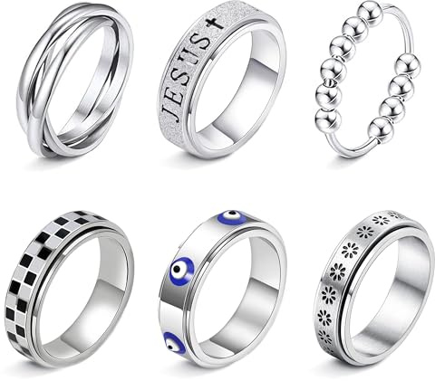 LOFITOR 6PCS Anello Antistress Anti Ansia Anelli Spinner Ansia Alleviare Fidget Band Anello Set per Donne Uomini Acciaio Inossidabile Rotante Anelli Anti Stress CZ Luna Stella ta60