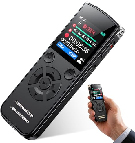 Enregistreur Vocal 64 Go, Enregistreur Audio Numérique avec Écran Couleur, Enregistreur à Enregistrement One-Touch, Réduction du Bruit, Rechargeable par USB, Voix pour Réunions, Interviews & Cours