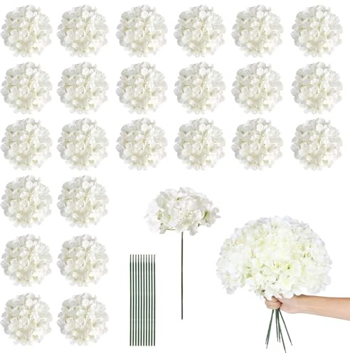 VELAJA 24 PCS Hortensias Artificiales Blancas, Flores Artificiales Realistas con Tallos Moldeables para Arreglos Florales, Decoración de Bodas, Fiestas, Oficina y Centro de Mesa Hogar
