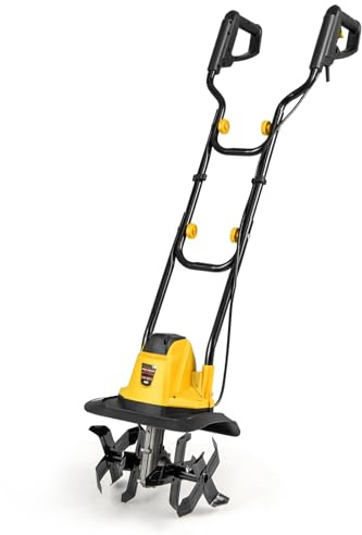 SOARS Motozappa Elettrica Pieghevole 750W, Larghezza di Lavoro 32 cm Profondità di Lavoro 22 cm, 4 Lame, Zappatrice Elettrica per Orto e Giardino (Giallo, 32 x 24 x 138 cm)