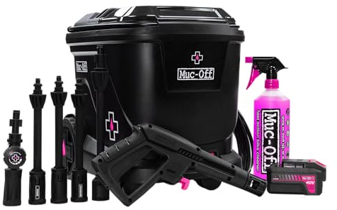 Muc-Off Idropulitrice Portatile a Batteria Moto Starter Bundle – Serbatoio 20L con 4 Lance e Detergente Moto Nano Tech