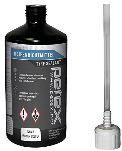 PETEX Reifendichtmittel Inhalt 450 ml inkl. Einfülldeckel, Ventilausdreher mit Flügel, Ersatzventil, schwarz