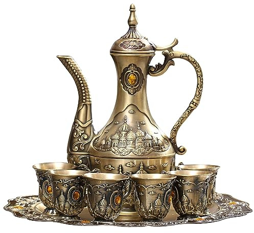 Vintage Turkish Coffee Pot Set for 6 Including Tray and Teapot,Metal Cups,Teapot and Cup Set for One,Tea Service Set for Home Tea Table Decor,Wedding Ornaments(Brass)
