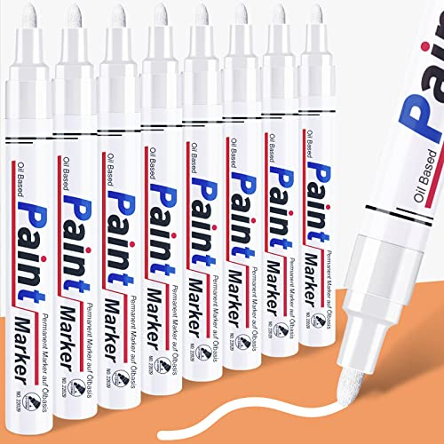 DAPAWIN White Permanent Marker Waterproof - 8 White Paint Markers for Metal Surfaces Tire Black Paper Wood Plastic Rocks Fabric, Marker Permanent, Oil Based Paint Markers Medium Tip
