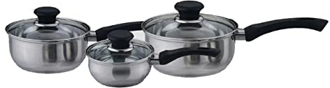 Stainless Steel Cookware Set – 3 Piece Saucepan & Pot Set (14cm, 16cm, 18cm) – Durable Kitchen Cooking Pans with Lids HTUK