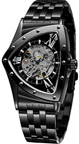 FORSINING Men's Watch 30M Waterproof Skeleton Hollow Automatic Dazzling Retro Triangle Wrist Watch (Black)