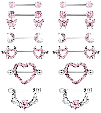 CASSIECA 6 Paia 14G Piercing Capezzoli per Donna Rosa Barre per Capezzoli Gioielli per Piercing Capezzolo Acciaio Chirurgico Barbell Piercing Carino Dangly Barbells Cuore Corpo Piercing Barbell