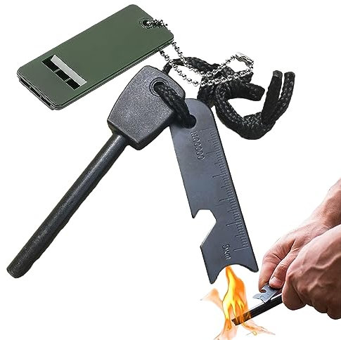 Pierre à Feu Briquet Silex Magnésium Briquet Kit Fire Steel Allume Feu Survie Inclu Grattoir Multi Outils Et Sifflet 20000 Gerbes D'étincelles pour Randonnée Camping Et Bushcraft Survie Traditionnel