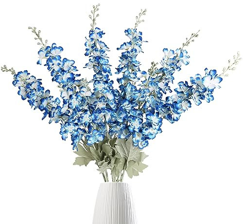 IPOPU Künstliche Ritterspornblumen, Seidenblumen, Rittersporn, 85,1 cm langer Stiel, Blumen für Zuhause, Hochzeit, Büro, Arrangement, Dekoration, Farbverlauf, Blau, 6 Stück