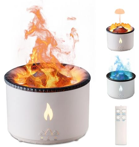 Vulkan Luftbefeuchter Flammen Aroma Diffusor: 360ml Aromatherapie Luftbefeuchter 2 Nebelmodus Luftbefeuchter Fernbedienung Öl Kaltnebel Diffusor mit Nachtlicht für Zuhause, Fitnessstudio