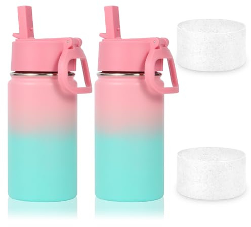 Botella de agua para niños de 14 onzas con tapa y popote, funda de silicona, 2 unidades, botellas aisladas de acero inoxidable