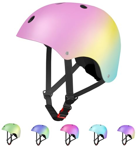 LANOVAGEAR Casque Enfant Ajustable Casque de vélo pour Enfant Filles Garçons Skate Casque Antichoc et résistant aux Coups pour Roller Cyclisme Skateboard Scooter (Rose+Jaune+Cyan, S)
