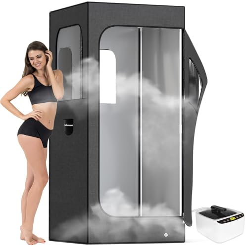 Adamson Full Size Portable Steam Sauna - Indoor Sauna Tent for Home Spa Relaxation + Boost Health and Recovery + 2.6L 1000W Steamer + Chair + Remote + Foot Massager - Nylon Black