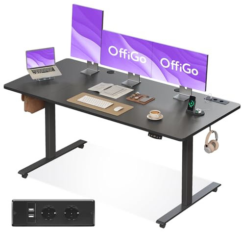 OffiGo Schreibtisch Höhenverstellbar, 160x70cm Elektrischer Schreibtisch mit Steckdosen und USB Ladeanschluss, Tisch Höhenverstellbar mit 2 Memory Funktion, Computertisch für Büro, Zuhause, Schwarz