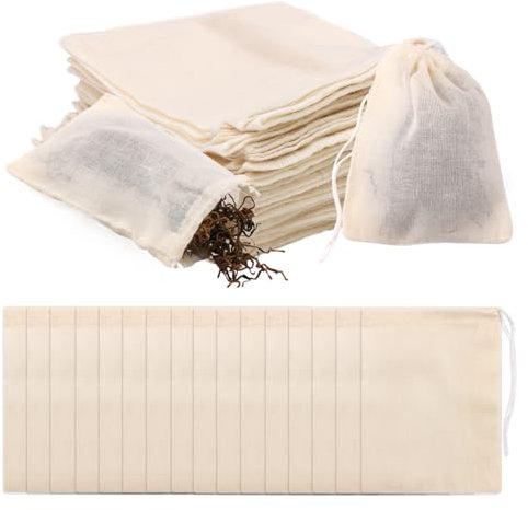 50 Pack Cotton Muslin Drawstring Bags, 8 x 10cm Reusable Cotton Small Mesh Bag Straining Tea Coffee Filter Spices Storage for Cooking Soap Soaking Medicinal Liquor, Office Home Kitchen