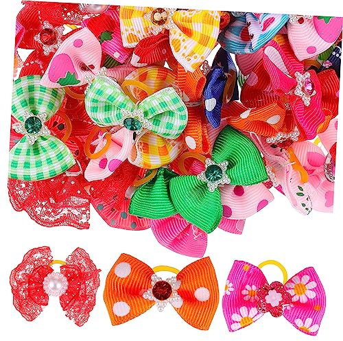 BELLIFFY 50stücke Haustierschleifen Mit Gummibändern Mehrfarbige Schleifen Für Hunde Und Katzen Verziert Mit Strasssteinen Und Perlen Geeignet Für Partys Wettbewerbe Und Fotoshootings