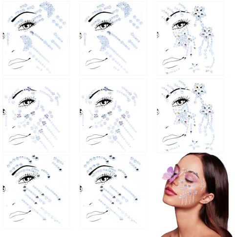 UILYNIU 8 Pezzi Brillantini Adesivi di Gemme per Viso Corpo Occhi Strass Adesivi Strass Autoadesivi Adesivo di Cristallo Adesivi Faccia Strass per Tatuaggio Temporaneo Face Gioielli (8 Pezzi)