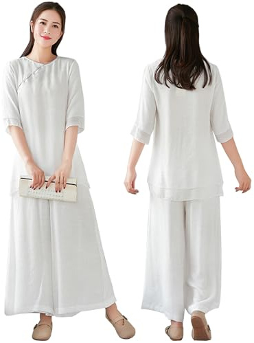 DAYKET Tuta da Donna per Arti Marziali, Uniforme da Tai Chi in Cotone e Lino, Manica Media, Tuta da Kung Fu per Esercizi Mattutini, Meditazione Zen,White-L