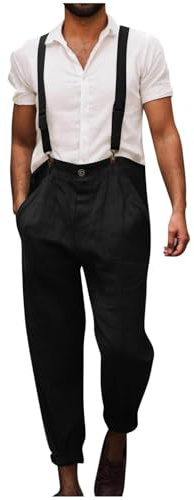 Salopette da uomo con bretelle e bretelle estive casual vintage cintura adjujstable salopette da lavoro pagliaccetto tuta lunga con tasche, Nero , 3XL