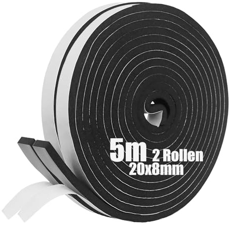 SDLDEER Skumtejp, självhäftande skumremsa 20 mm (B) x 8 mm (T) X 5 m (L) väderskalning dörrtätningsremsa, utkastuteslutare för fönsterdörr, anti-kollision, väderbeständig, fönsterljudisolering (2