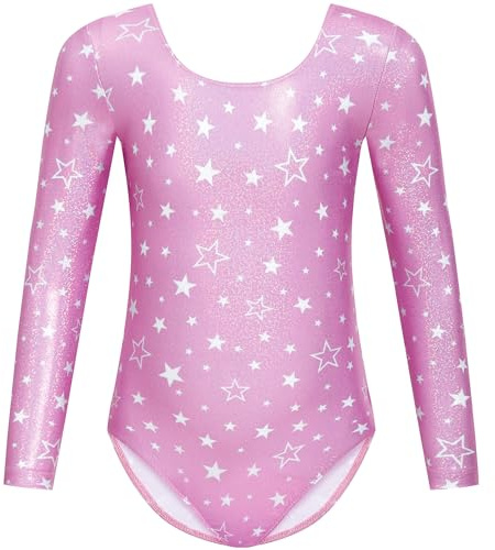 Gogokids Flickors tvådelat tryckt gymnastikset, u-hals långärmad trikåer och hårknytning perfekt för gymnastik, dans och yoga, för åldrarna 3-12 barn, Rosa, 140(130-140 cm,9-10Y)