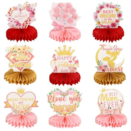 Confezione da 9 centrotavola 3D a nido d'ape per la festa della mamma, stili assortiti, decorazioni da tavolo pieghevoli in carta