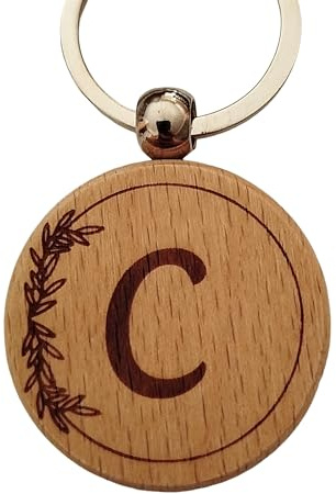 C Porte-clés Personnalisé Lettre C en Bois Gravé - Porte Clef Maison Voiture Cadeau Personnalisé Idéal pour Noël, Anniversaire ou Toute Occasion