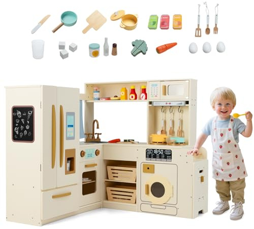 HOMASIS Cuisine d'angle en B ois avec Lumière et Son, Cuisine de Jeu avec Four, Micro-Ondes, Machine à Glaçons, Cuisinière et Poubelle, pour Enfants à partir de 3 Ans