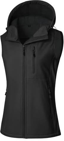 CMTOP Gilet Sans Manche Femme Imperméable Softshell Gilet Femme, Légère Extérieur Veste Sans Manche Décontracté Coupe-Vent Manteaux Sans Manche Gilets avec Capuche et Zippé Poches(Noir,L)