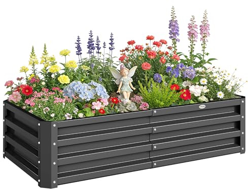 Outsunny Jardinera Exterior Grande de Acero Galvanizado, Huerto Urbano Elevado para Cultivar Plantas, Flores, Hierba, Macetero Exterior Rectangular con Fondo Abierto, 120x60x30,5 cm, Gris