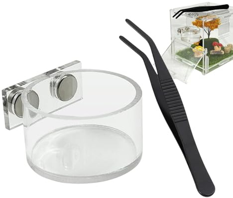 Fjäderspindelmatskål-set – tillbehör för magnetiskt inhägnad, utrymningssäker vattenskål och matare av klar akryl med tång för fågelspindlar och gudsbetare, 1-pack, transparent.