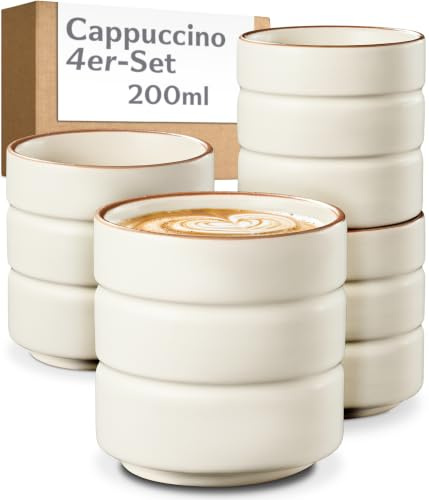 Cosumy Cappuccinokoppar Set om 4 Beige - Keramik Kaffekoppar 200 ml | Stapelbar Kopp utan Handtag - Tjocka Väggar Håller Kaffet Varmt - Keramik Disk- & Mikrosäker