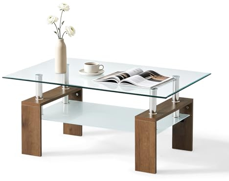 TUKAILAi Rectangle Clear Glass Coffee Table Modern Side Table with Lower Shelf Chrome and MDF Wood Support for Living room Guest Reception Room, Wood