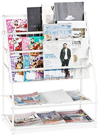 Relaxdays Zeitschriftenregal Metall, HBT: 81 x 67 x 37 cm, moderner Magazinständer, freistehend, für Wohnzimmer, weiß