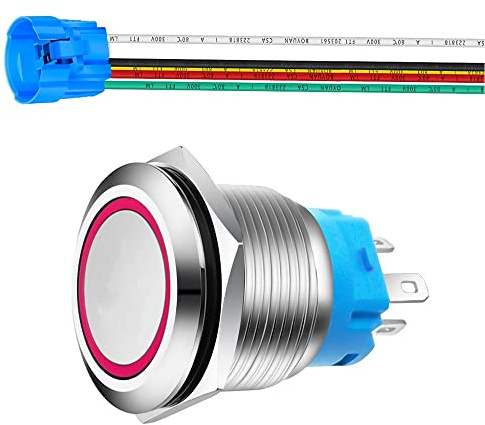 Gebildet 22mm in Acciaio Inossidabile Pulsante Momentaneo 230VAC 3A LED 1NO1NC SPDT Acceso/Spento Impermeabile con Presa a Filo (LED Rosso)