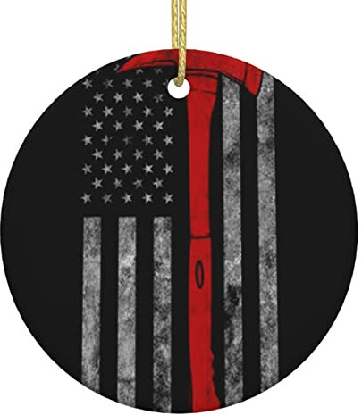 Firefighter Axe Red Line Flag Christmas Decorations, Round Ceramic Crafts for Christmas Trees, Homes, Offices, Shopping Malls, Holiday Decorations.
