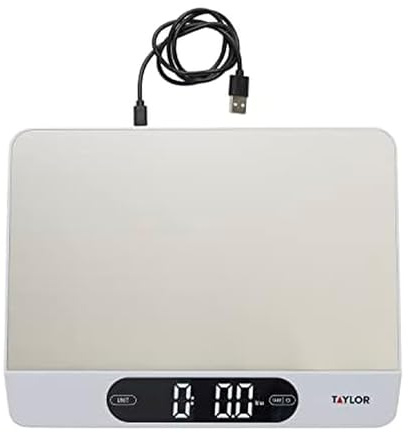 Taylor 22LB High Capacity Kitchen Food Scale with Stainless Steel Surface, Backlit Display, and USB Recharging Cord Included, White
