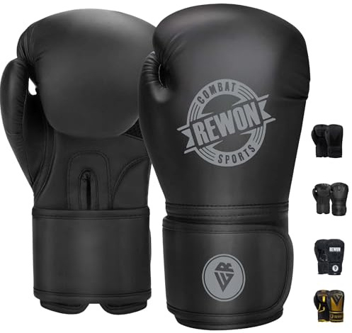 URBANSBEE Guantes de Boxeo para Muay Thai MMA Kickboxing Artes Marciales guantillas de Entrenamiento Boxeo, 6-16 oz, Combate Sparring Guantes para Hombre Mujere (12oz., T10-negro)