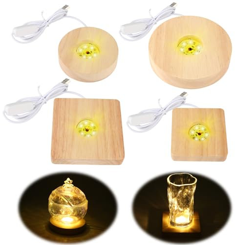 Aubess Base Luminosa a LED in Legno, 4 pezzi Base di Visualizzazione a LED in Legno, Quadrato / Rotondo Base Espositiva per Luci LED con USB per Cristalli, Vetro, Acrilico (Luce Calda)