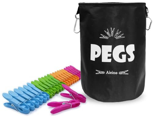 Aieino Porta mollette bucato con 24 pezzi di mollette per abiti, moschettone - Borsa per Mollette impermeabile Grande fino a 200 mollette Durevole Portamollette per interno all’aperto, nero