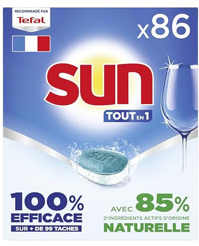 SUN - pastilles lave-vaisselle Tout en 1 Regular - 86 tablettes - avec 85% d'ingrédients d'origine naturelle - 100% efficace sur + de 99 taches - Fabriqué en France