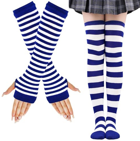 LUKIUP Rayas Calcetines Hasta la Rodilla, Juego de Calcetines Altos Hasta el Muslo, Guantes sin Dedos, Para damas, Halloween, fiestas de Navidad, cosplay de carnaval y fiestas de disfraces